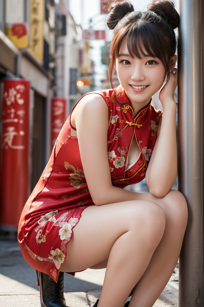 (8k, RAW photo, best quality, masterpiece:1.2), (realistic, photo-realistic:1.4), (extremely detailed 8k wallpaper), Japanese 20 age woman,she is wearing a cheongsam,The background is Chinatown,Her beautiful legs attract attention from all around her.She is embarrassed by the gaze of those around her,she is smiling,her hairstyle is a bun