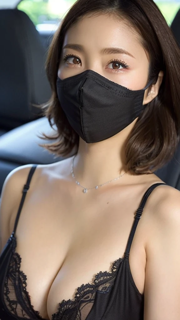 Browsing Caution,Black lace bra,uetoaya,Side view,(美しいHigh resolution32k, Absurd art), Heavy chest, charm, Written boundary depth, (Perfect ???????:1.2), Accurate手足, Accentuate your cleavage, First Person View, (masterpiece:1.3), High resolution, Very detailed, Very detailedな CG Unity 8k 壁紙, Realistic, photo-Realistic, RAW Photos, Beautifully detailed face, Pale skin, Realistic glistening skin, Detailed cloth texture, Detailed hair texture, Perfect body, Beautiful Face, Accurate, Anatomically correct, Highly detailed face そして skin texture, Natural neck length, (Beautiful Hそしてs), (Fair skin:1.2), (Highest quality:1.4), 32K resolution, (Realistic:1.5), (Ultra-Realistic:1.5), High resolution32k UHD, (masterpiece:1.2)), (Improvement of quality:1.4), finely,(とてもBeautiful Faceのディテール), (Highest quality Realistic skin texture:1.4),Very detailed, Symmetrical eyes, (Big Breasts:1.4), (Wide Hips), Pitch black background Night Park Passenger seat in the car Disposable masks