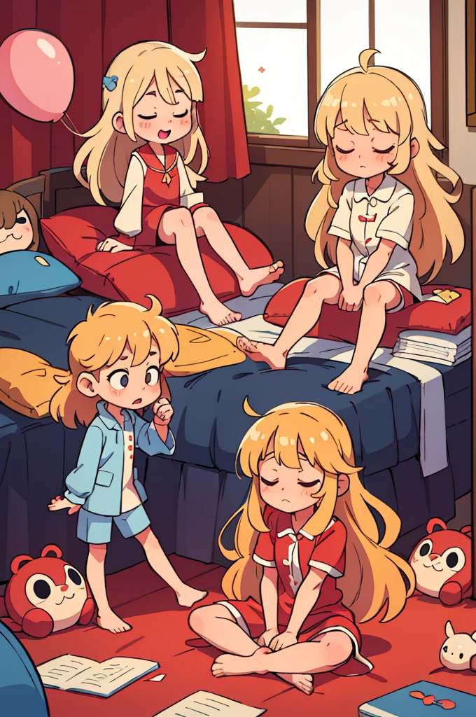 ((Highest quality, masterpiece)),
Messy Hair、Long blonde、Perm、pajamas、Bedroom、Sleep、Spread your legs wide、Transparent balloon from nose、Close ~ eyes