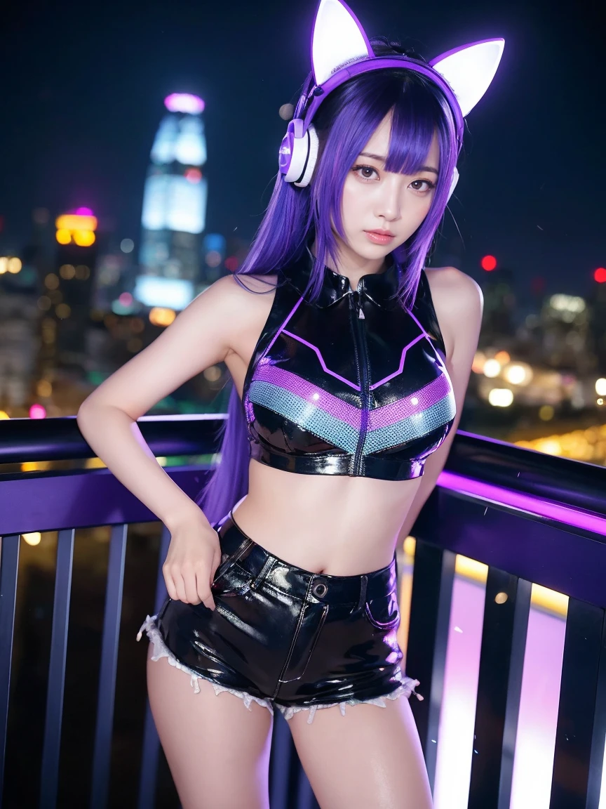 最high quality, masterpiece, 32K、Very detailed、Realistic、1 girl, Japanese women、Cute Face, (photo Actual:1.3),Bob Hair(Blue-violet hair color、Amazing blue and purple hairstyles)、Edge lighting, (Skin with attention to detail:1.2), 8k超High resolution, Single-lens reflex camera, high quality, High resolution, 4K, 8k, Optimal ratio of four fingers to one thumb, (Actual:1.3), cute 1 girl, Realistic、Super Realistic、32K、Very detailed、masterpiece, 最high quality, beautiful girl, beauty、Mecha, Beautiful lighting, (Neon Light:1.2), (night:1.5), K-Pop Idol Costumes、Sleeveless outfit、Shorts、Large Breasts(big 、There is a valley)、Cat ears microphone headphones(Headphones Gaming Headgear with Mic、Head Fan)、Are standing、Cyber Neon、Future City、Skyscraper、都会のnight、Shanghai、big cities、night景、綺麗なnight景