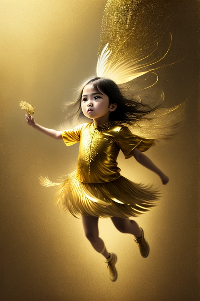 Girl ,Golden feather,Background gold,whole body,flying