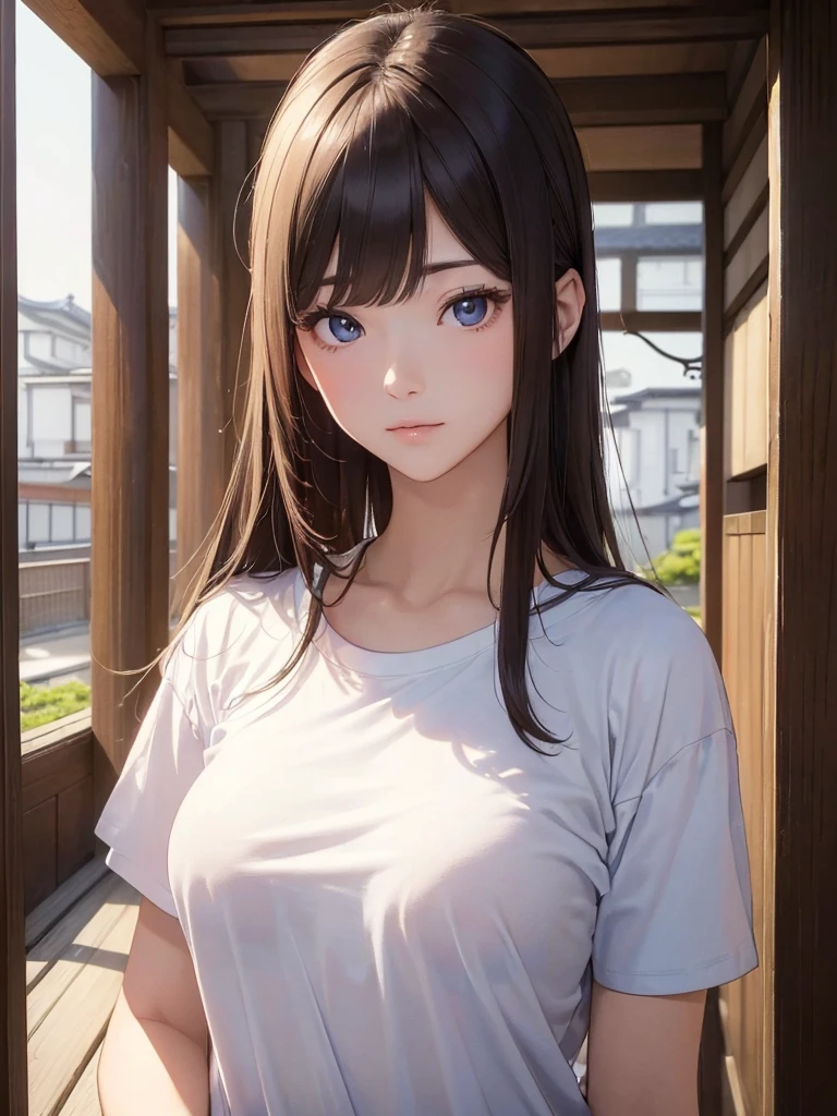 (((masterpiece))),(((High resolution)))、(((8K)))、(((perfect face)))、(((beauty of japan)))、25 years old、((tight size simple T-shirt)), look at the camera, (top quality eyes), detailed face, detailed texture, look at the camera