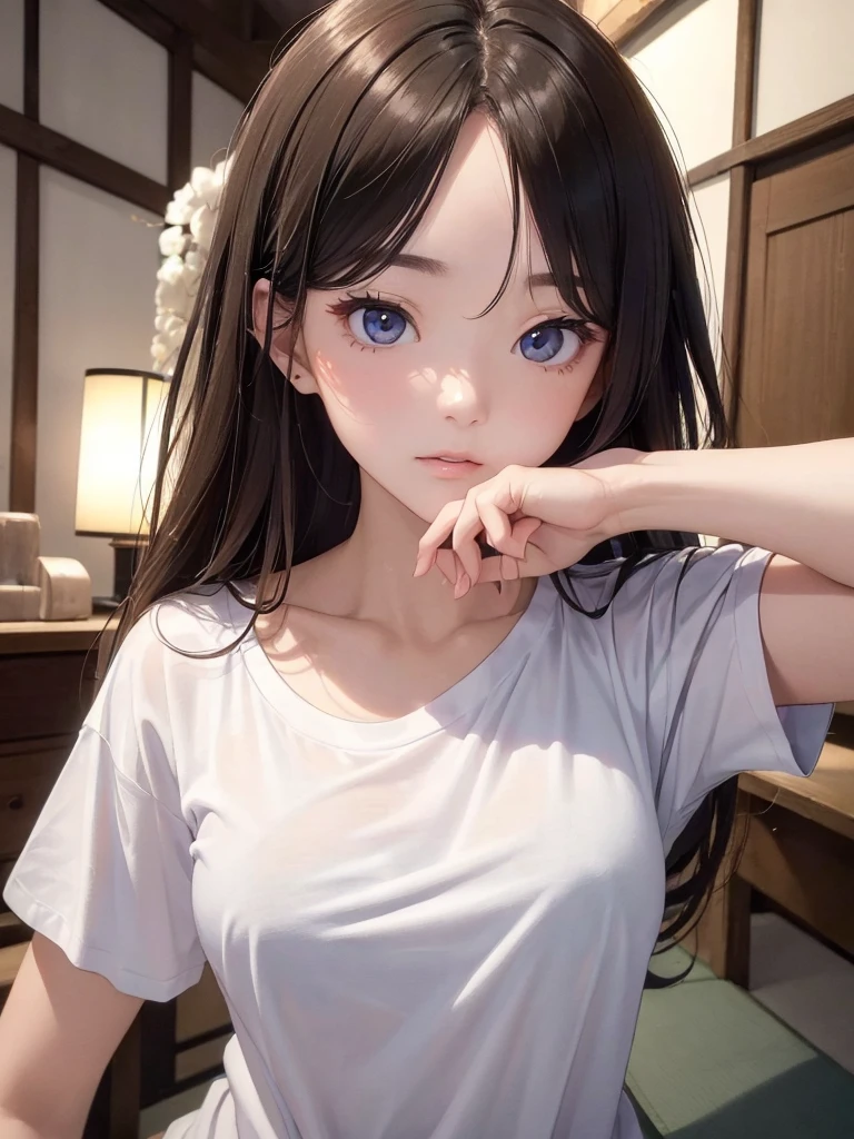 (((masterpiece))),(((High resolution)))、(((8K)))、(((perfect face)))、(((beauty of japan)))、25 years old、((tight size simple T-shirt)), look at the camera, (top quality eyes), detailed face, detailed texture, look at the camera