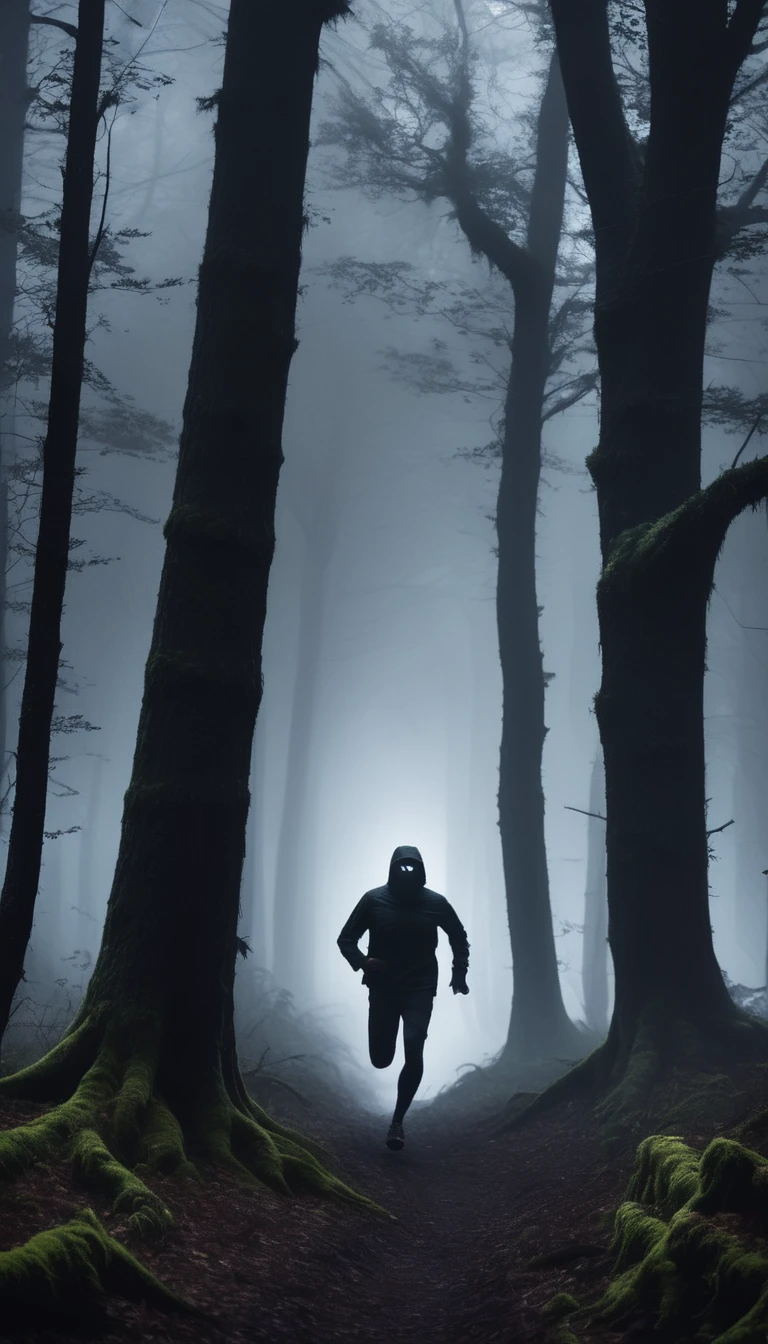 Show a person running frantically through a dark, foggy forest, glancing back at a shadowy, indistinct pursuer. The environment should feel oppressive and claustrophobic, with twisted trees and thick fog. Add glowing eyes peering from the darkness to heighten the sense of danger.