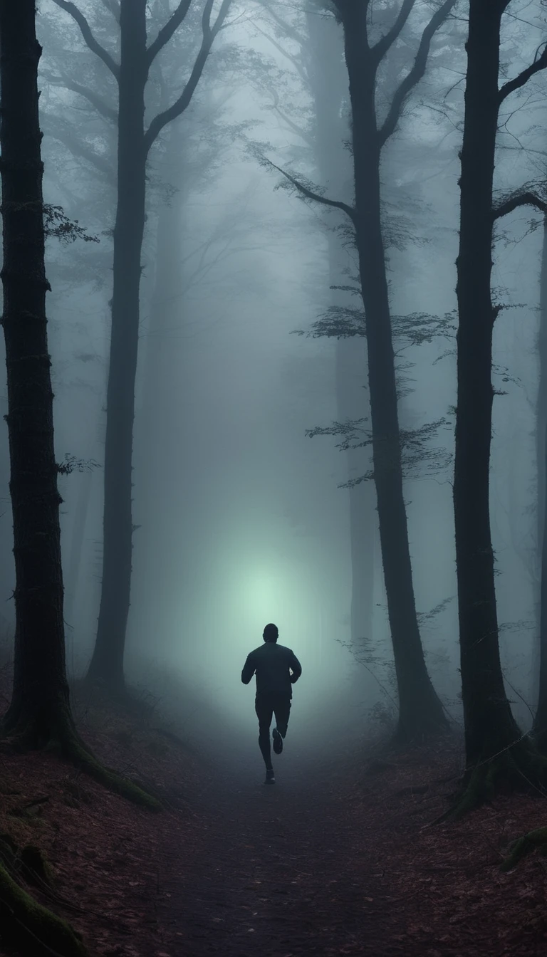Show a person running frantically through a dark, foggy forest, glancing back at a shadowy, indistinct pursuer. The environment should feel oppressive and claustrophobic, with twisted trees and thick fog. Add glowing eyes peering from the darkness to heighten the sense of danger.