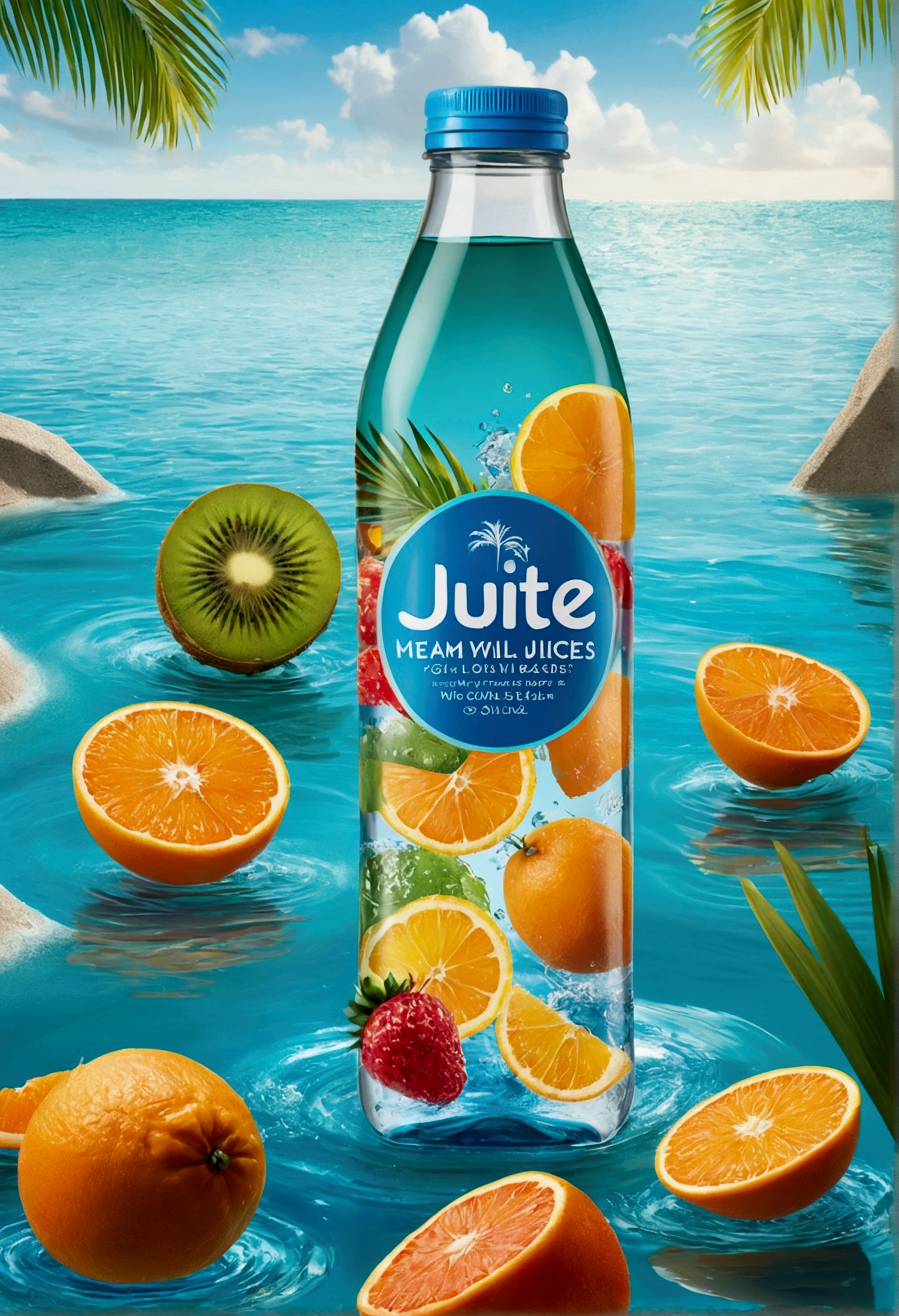 "A hyper-realistic image of a fruit juice bottle floating in the crystal-clear sea. The bottle is transparent, showing the vibrant colors of the mixed fruit juice inside, with pieces of fresh fruit like oranges, strawberries, and kiwis. The label on the bottle is detailed, featuring a logo with a tropical theme and colorful, modern typography. The sea around the bottle is a serene turquoise, with gentle waves and sunlight reflecting off the water's surface. In the background, there are soft, sandy beaches and lush, green palm trees swaying in the breeze. The sky is clear with a few fluffy clouds, and the overall scene exudes a tropical, refreshing vibe."