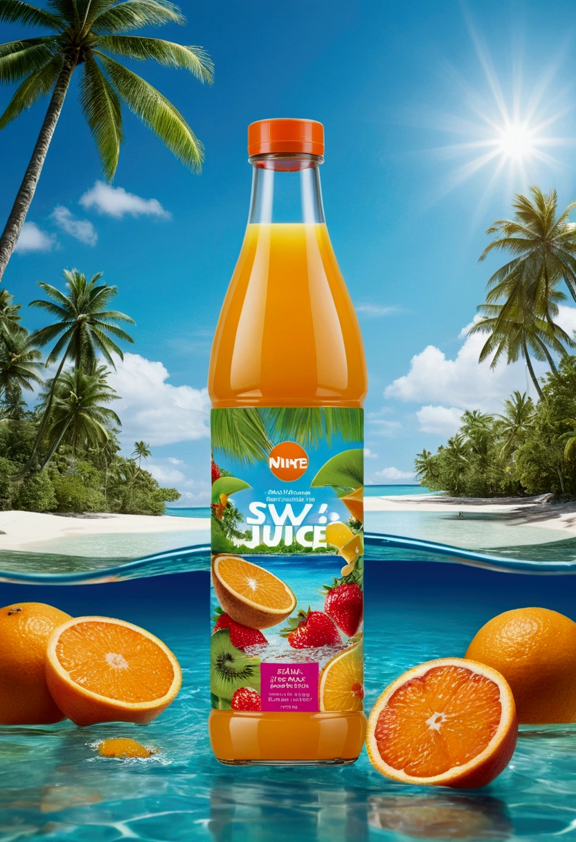 "A hyper-realistic image of a fruit juice bottle floating in the crystal-clear sea. The bottle is transparent, showing the vibrant colors of the mixed fruit juice inside, with pieces of fresh fruit like oranges, strawberries, and kiwis. The label on the bottle is detailed, featuring a logo with a tropical theme and colorful, modern typography. The sea around the bottle is a serene turquoise, with gentle waves and sunlight reflecting off the water's surface. In the background, there are soft, sandy beaches and lush, green palm trees swaying in the breeze. The sky is clear with a few fluffy clouds, and the overall scene exudes a tropical, refreshing vibe."