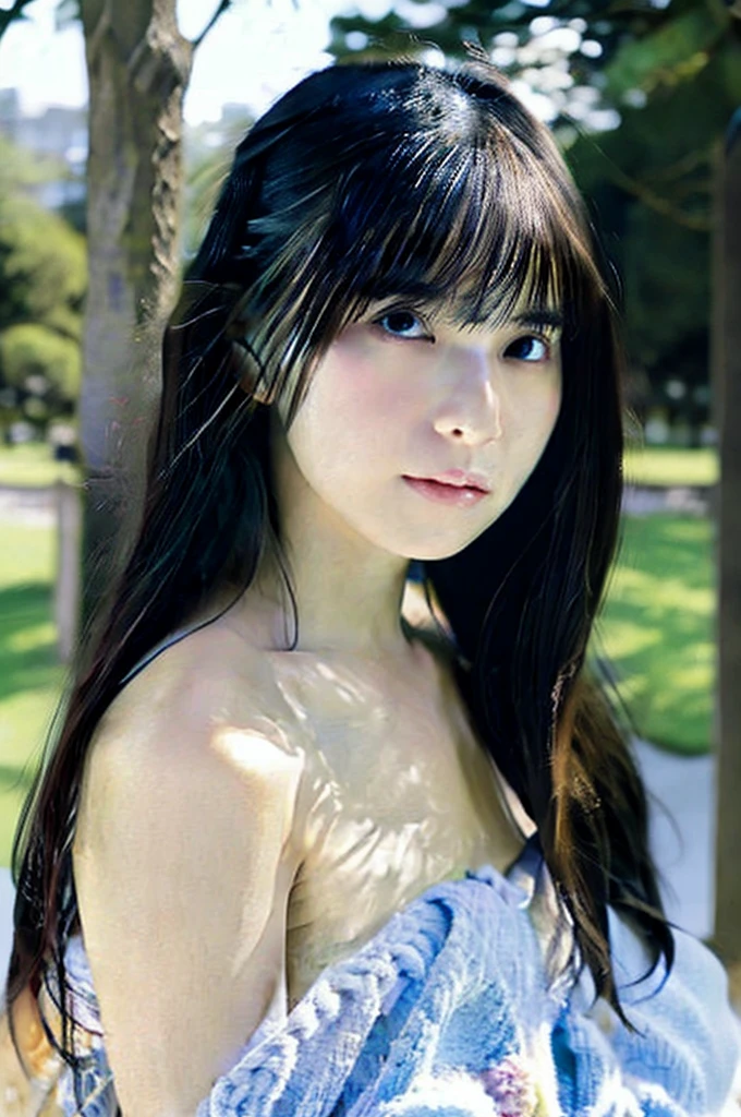 Beautiful Japanese Woman、Blue Hair、In an empty park、naked