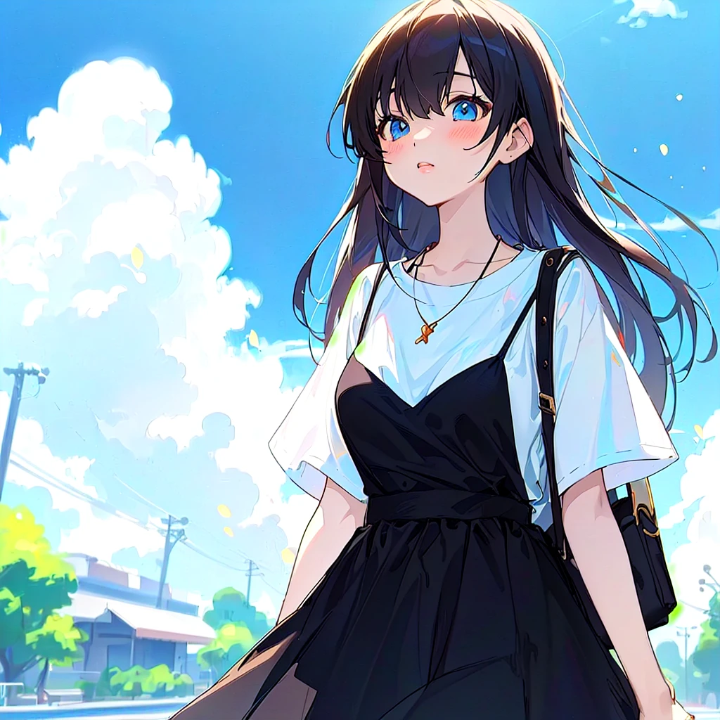 Anime Girls in a black dress and white shirt standing on a street, Anime Girls wearing a black dress, Cute girl anime visuals, Anime Style 4k, Cute anime waifu in a nice dress, (Anime Girls), cute Anime Girls, an Anime Girls, High quality anime art style, young Anime Girls, Smooth anime CG art, beautiful Anime Girls