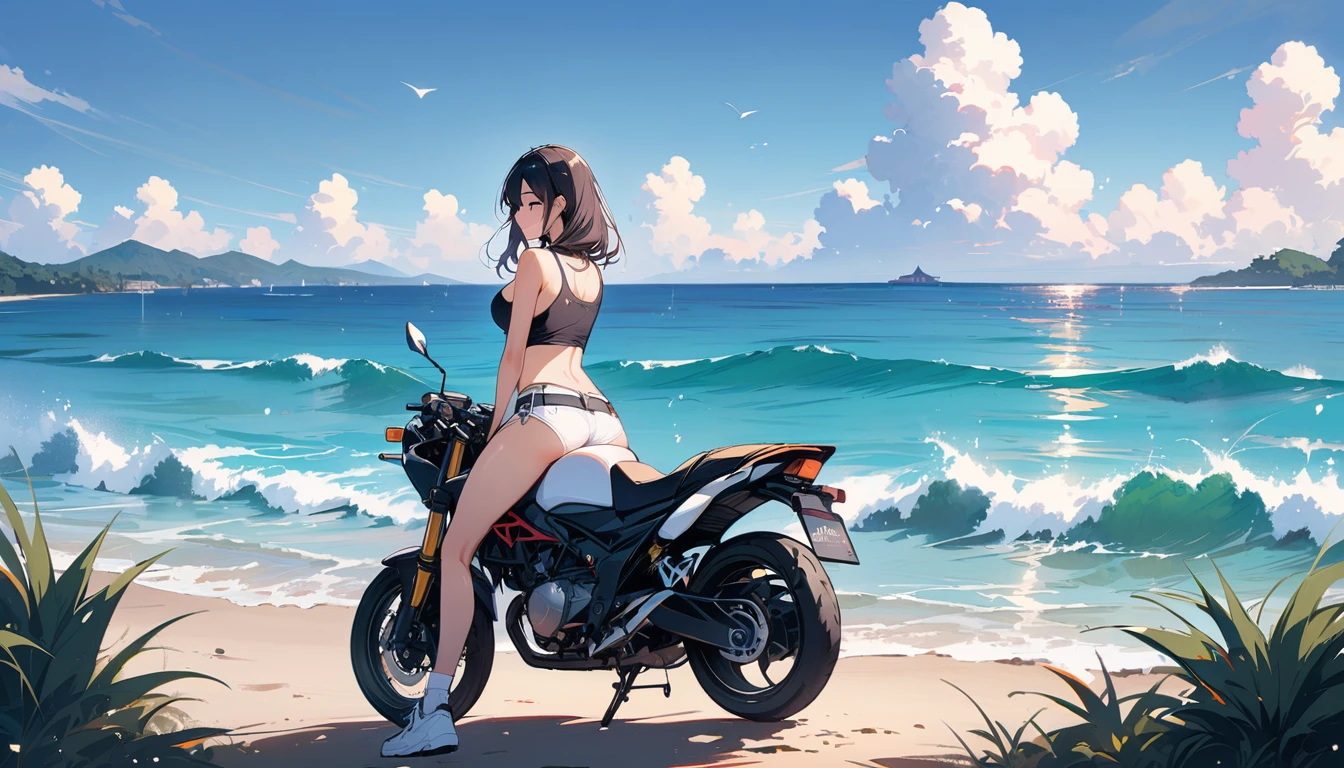 (masterpiece, Highest quality:1.2), 1 Girl, alone,Eyes open,Tropical atmosphere,Ocean,Standing next to the motorcycle