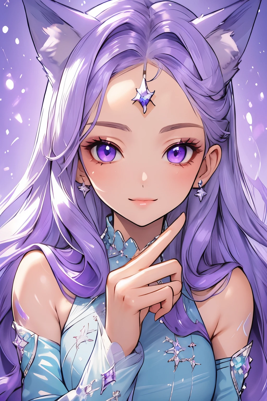 ((best quality)), ((masterpiece)), (detailed), detailed eyes, detailed hands, close up image of her face, female, light purple hair, light purple fox ears, detailed eight-pointed crystal star tattoo on her forehead, delicate and beautiful detailing, beautiful face, well-proportioned detailed purple eyes, round detailed purple eyes and makeup, beautiful detailed and clear purple eyes, volume smooth and sharp, best quality, very beautiful and meticulous eight-pointed crystal star tattoo on her forehead, delicate, must have an eight-pointed crystal star that is placed on the forehead, mouth closed smile, not fully smiling, gazing out in wonder