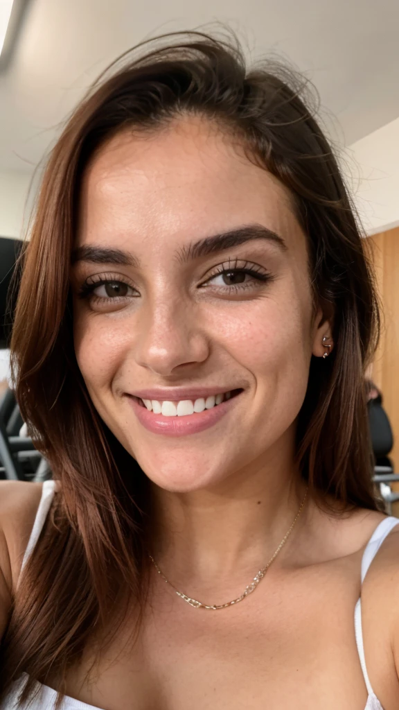 Beautiful model with light orange-red hair, na academy, tirando sua propria photoshot, estilo selfie, as if she were an influencer,  que usa roupas de academy fechadas, na academy com pessoas ao fundo malhando, gym, very detailled, 22 years old, inoccent face, smiling at the camera naturally, Natural hair, high resolution, work of art, best qualityer, high level of intricate detail, very detailled, sharp focus, skin detailed, realistic skin texture, texture, detailedeyes, proffesional, 4K, charming smile, shot with Canon, 85mm, Shallow depth of field, Cores Kodak Vision, perfectly fitted body, extremely detaild, photoshotr_\(ultra\), photoshotrrealisitic, realisitic, after treatment, Maximum details, roughness, true life, ultra realist, fotorrealism, photoshot, 8k hd, photoshot, ((upper body selfie, glad)), work of art, best qualityer, ultra detaild, in the beach, (marking), academy, glad, ombre, sharp contrast, Heaven can do it, styled, (warm toned, hottest ton: 1.2), close up, cinematic light, side lighting, ultrahigh resolution, bester ombre, Spirit, facial part, serious look, Normal breasts, 4K, academy, roupa de academy, pessoas da academy malhando ao fundo, gym background, ambiente de academy,