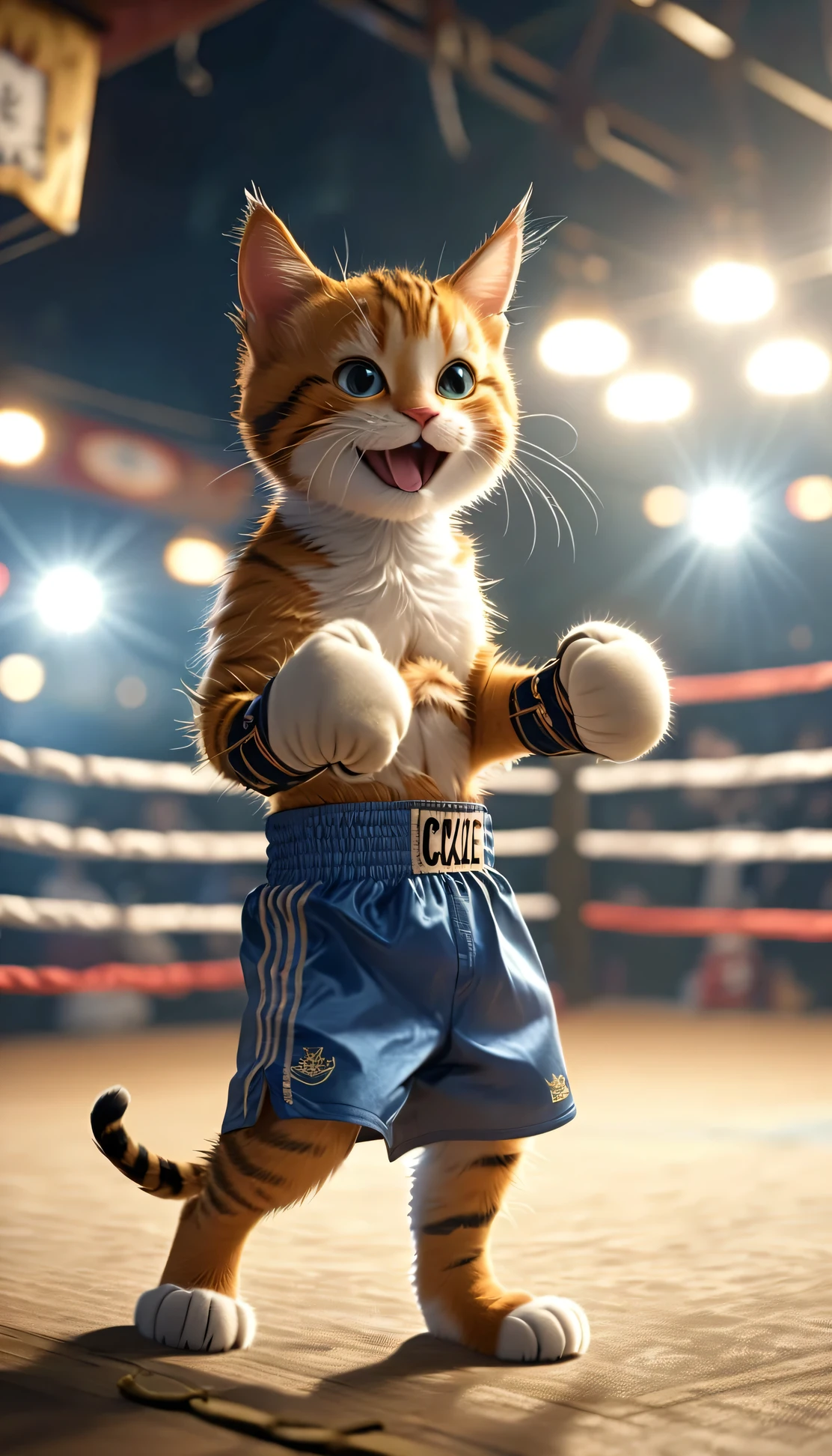 ((8k)), Highest quality, 超high resolution, A cat is boxing in a boxing ring, Wearing boxer shorts、 ((Chuckle-Smile))