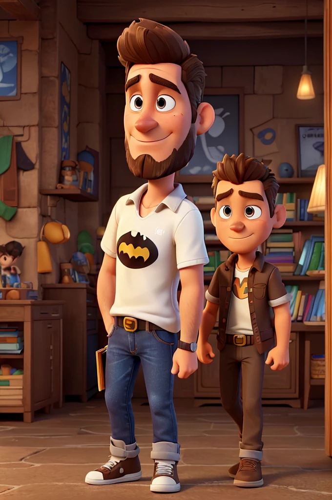 White man, 38 years old, Brazilian, face with striking features, short, spiky brown hair that falls slightly to the forehead, brown eyes, slightly irregular brown beard, a slight smile, Batman cosplay without mask, jeans, old school black sneakers, walking with a book in hand. hand, pixar disney style 3d movie poster