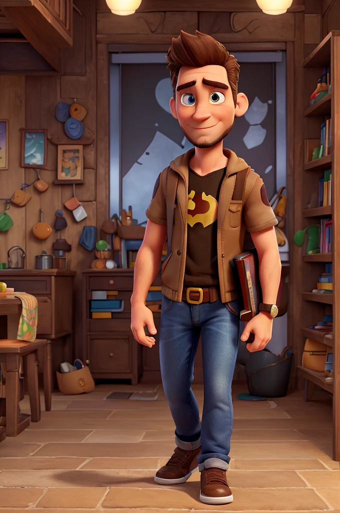 White man, 38 years old, Brazilian, face with striking features, short, spiky brown hair that falls slightly to the forehead, brown eyes, slightly irregular brown beard, a slight smile, Batman cosplay without mask, jeans, old school black sneakers, walking with a book in hand. hand, pixar disney style 3d movie poster