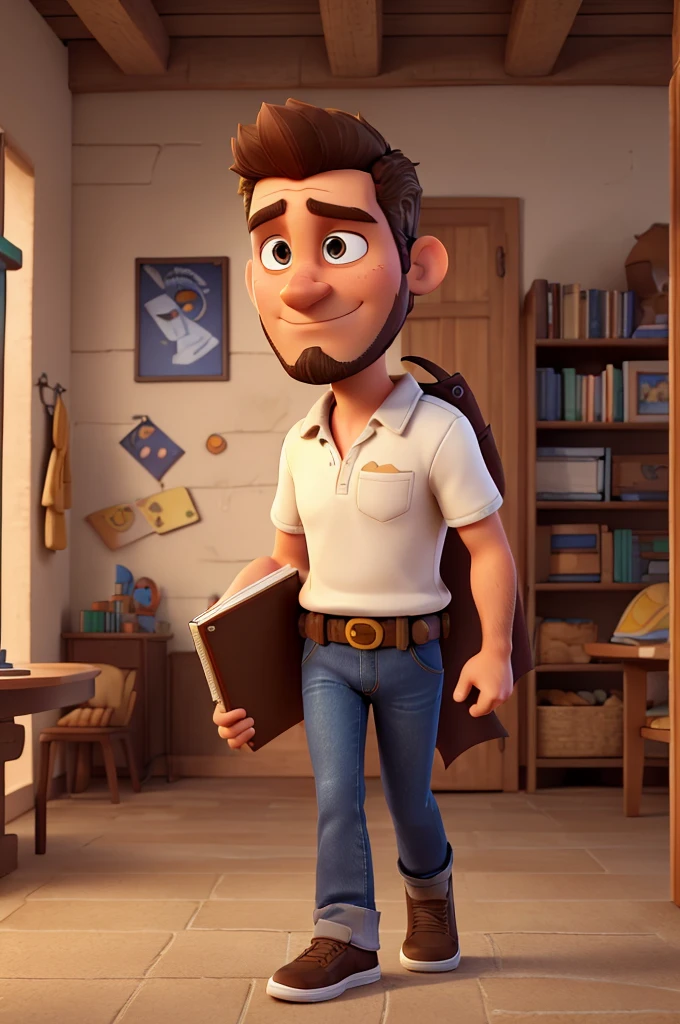 White man, 38 years old, Brazilian, face with striking features, short, spiky brown hair that falls slightly to the forehead, brown eyes, slightly irregular brown beard, a slight smile, Batman cosplay without mask, jeans, old school black sneakers, walking with a book in hand. hand, pixar disney style 3d movie poster