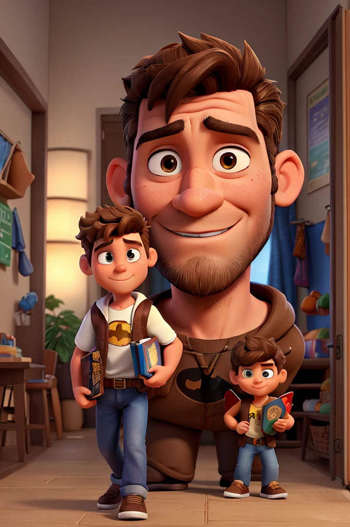 White man, 38 years old, Brazilian, face with striking features, short, spiky brown hair that falls slightly to the forehead, brown eyes, slightly irregular brown beard, a slight smile, Batman cosplay without mask, jeans, old school black sneakers, walking with a book in hand. hand, pixar disney style 3d movie poster