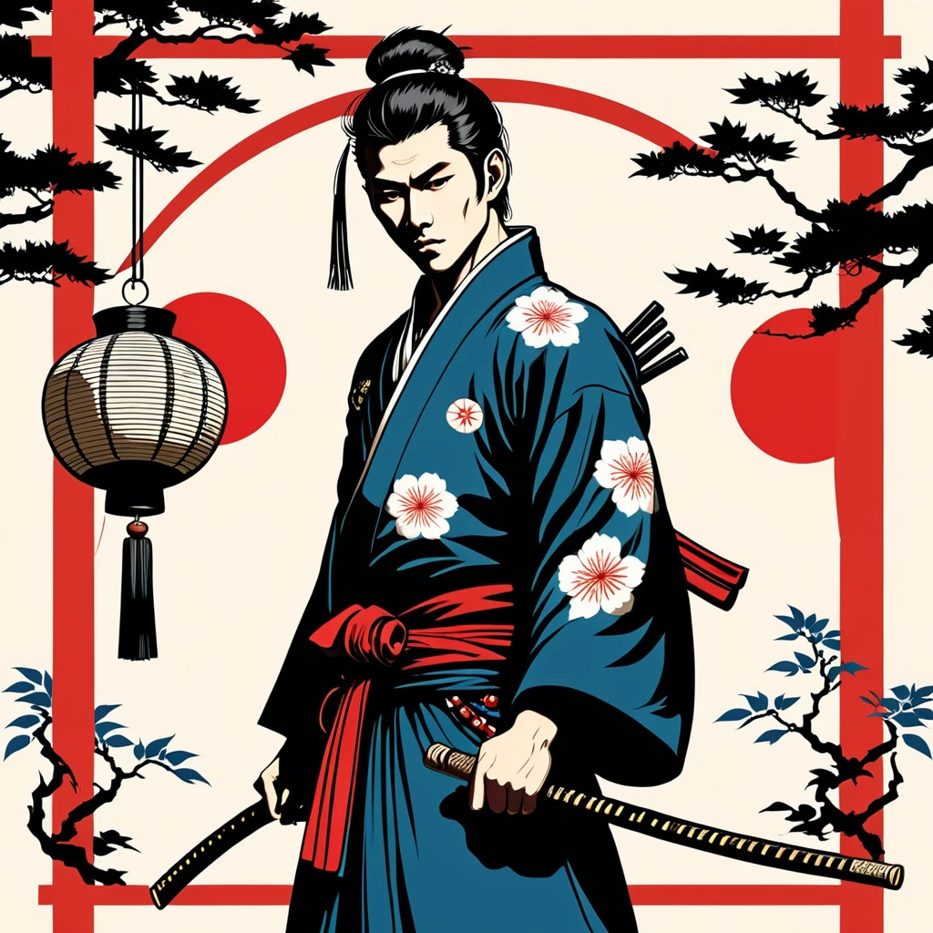 hungarian thief in japanese folk outfit, vector graphics, strong contours

