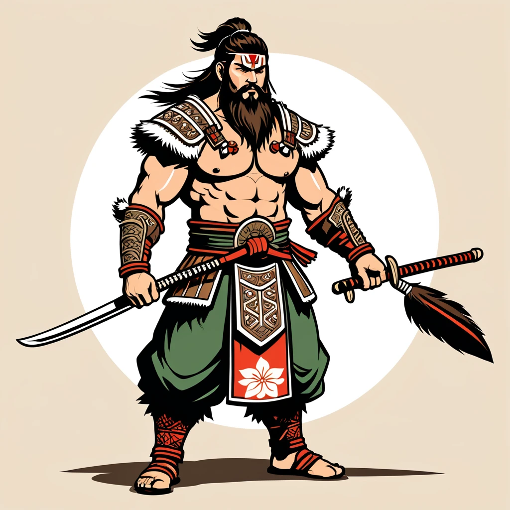 hungarian barbarian in japanese folk outfit, vector graphics, strong contours
