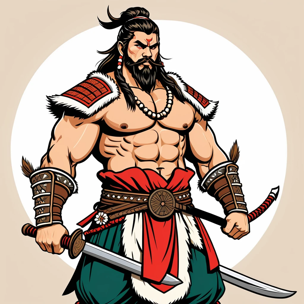 hungarian barbarian in japanese folk outfit, vector graphics, strong contours
