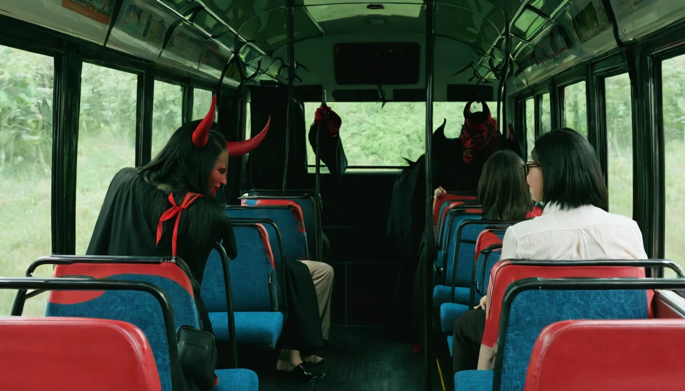 Woman inside the bus and the devil offering a pact with her.