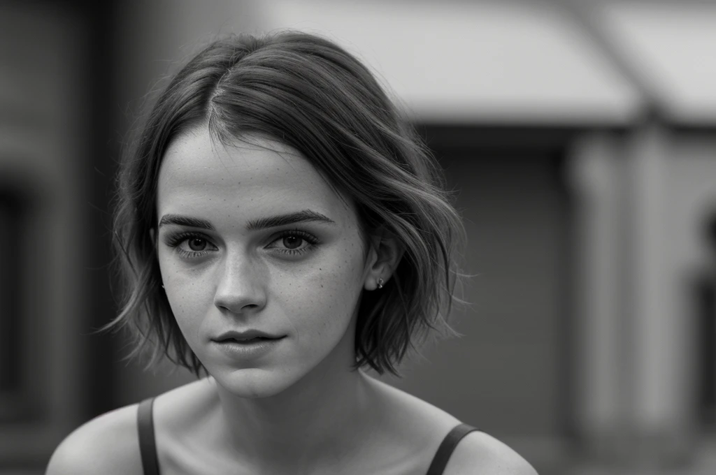 Photorealistic, masterpiece grayscale photo, emma watson with messy hair and poor tattered clothes, cute sexy, (detailed medieval background), ultra sharp focus, detailed face, (((posing))), random hair color, short hair, beautiful eyes, with face of Ane de Armas, full body, high quality black and white image