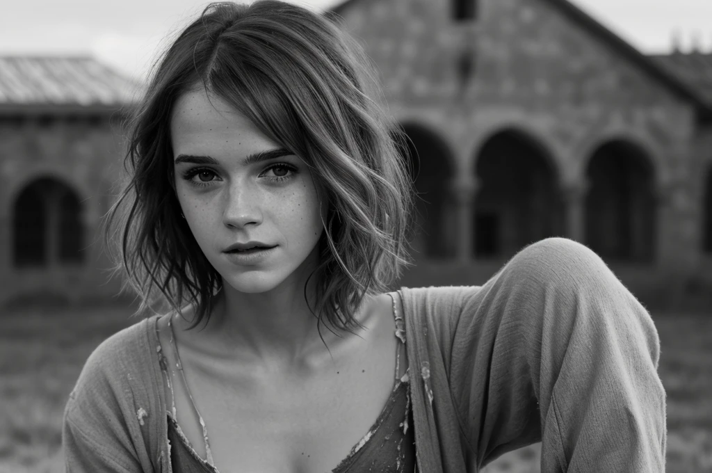 Photorealistic, masterpiece grayscale  photo, emma watson with messy hair and poor tattered clothes, cute sexy, (detailed medieval background), ultra sharp focus, detailed face, (((posing))),  random hair color, short hair, beautiful eyes, with face of Ane de Armas, full body, high quality black and white image