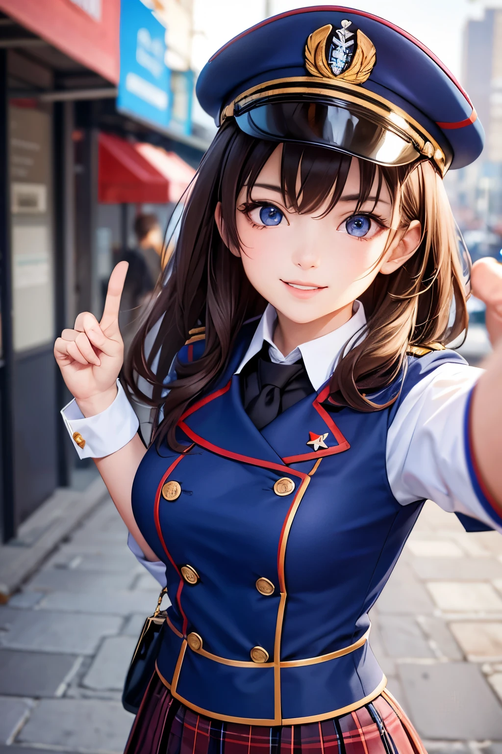 Anime girl in military uniform. Two thumbs up, brown hair and blue eyes, short skirt, dark red cape on shoulders, smiling. In the background is a busy port. Natalia Lack-esque, grown-up.