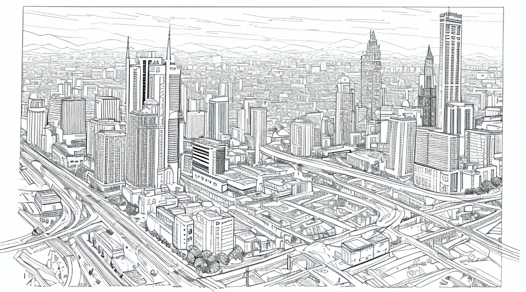 draw coloring book pages with black and white lines only, no color, jurassic dinosaurs, simple line, illustration, ink drawing, very visible thick outlines, clean lines, line art, clipart. Dinosaurs with babies. The streets and the city are in the background.