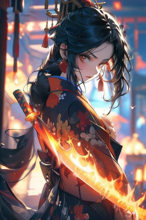 Perfect face. Perfect hands. A black haired woman with orange eyes in a pretty kimono is spinning a flaming sword in a shrine