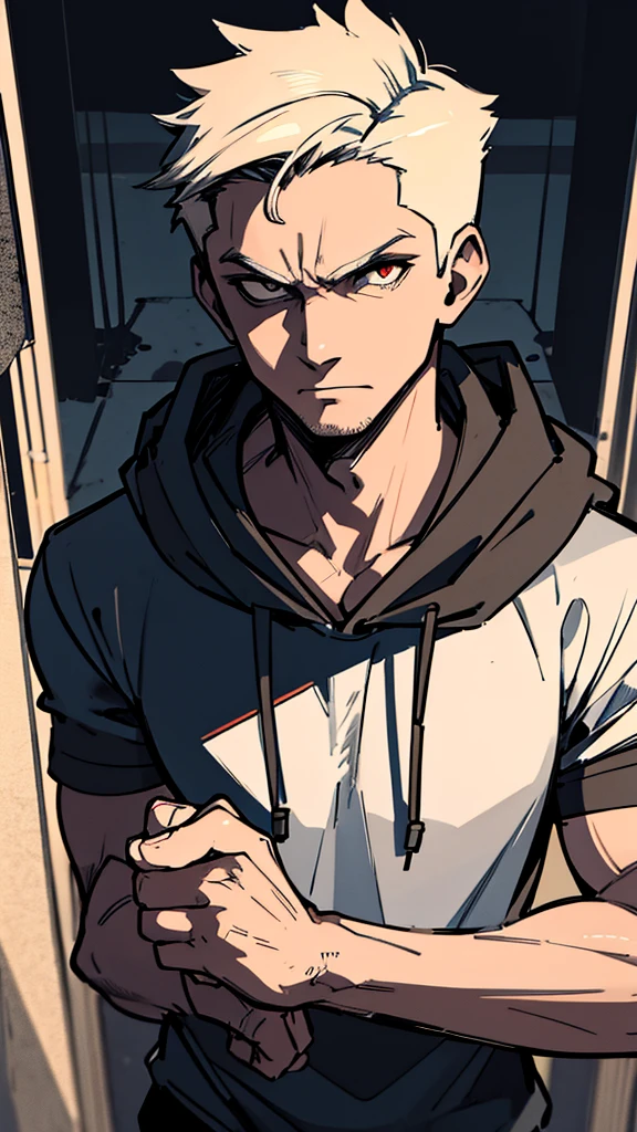 Holding a baseball bat, Alley, Condescending Gaze, builtupnecklinehoodie, look down, Glare, cinematic lighting, UHD, best quality, highres, 8k