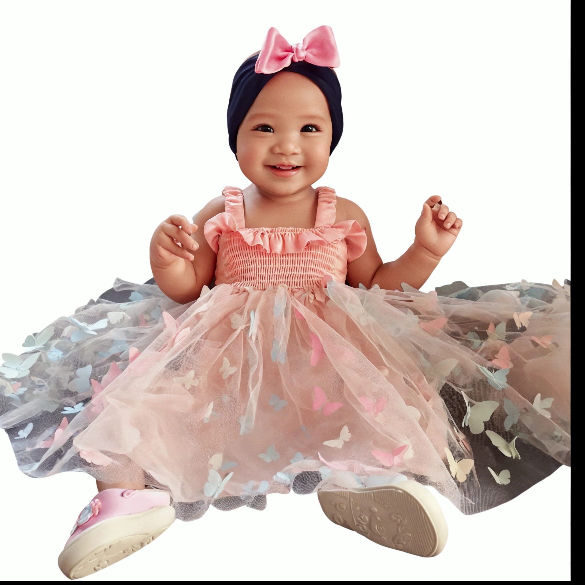  with hairband and pink bow, brown eyes, big eyelashes, rosy cheeks, Butterfly Dress with Fantastic Smile, blue and pink sandals, Avatar Modelo 3D