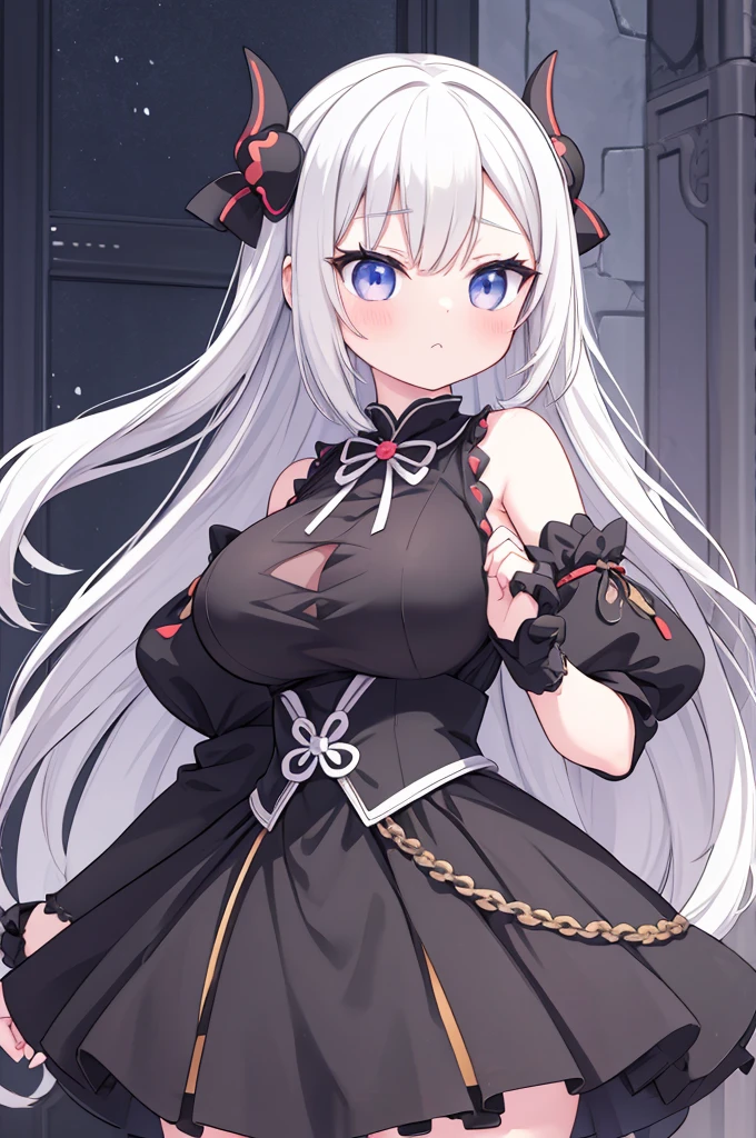 Anime-style image of a woman with white hair and black clothing, Cute 3D anime girl render, Cute anime waifu in a nice dress, Anime VTuber Full Body Model, Anime girl in a black dress, Gothic Maiden Anime Girl, Highly detailed characters, Official character art,Onmyoji,Big Tits,ghost,Eat cream puffs