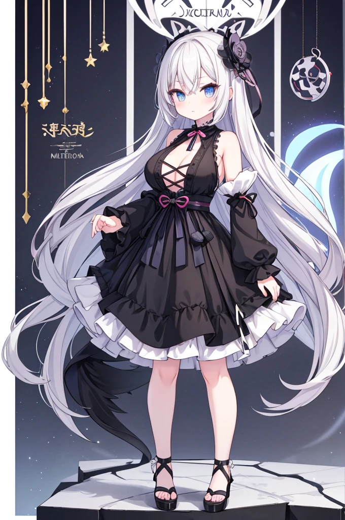 Anime-style image of a woman with white hair and black clothing, Cute 3D anime girl render, Cute anime waifu in a nice dress, Anime VTuber Full Body Model, Anime girl in a black dress, Gothic Maiden Anime Girl, Highly detailed characters, Official character art,Onmyoji,Big Tits,ghost,Eat cream puffs