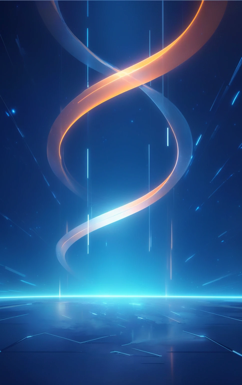 Under the blue night sky,An astronaut in a space suit stands on ice,A very small person with his back to the infinite line,Extend upwards,science and technology,blue and orange,无限Extend upwards,Infinity symbol,science and technology线旁边,Background is starry sky。AI、空间science and technology概念、Future digital design、high resolution、8k、Composition method: Centered composition