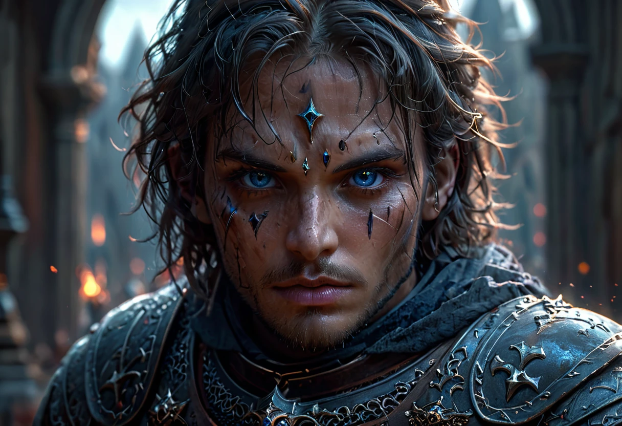 (by Greg Rutkowski: 1.2). ((knight of the soul, dark fantasy, face portrait)). (extremely detailed CG unity 8k wallpaper, masterpiece, best quality, ultra-detailed, depth of filed, HDR:1.2, detailed eyes). serious expression, beautiful detailed eyes, beautiful detailed lips, extremely detailed face and eyes, vibrant color, intricate detail, complementary colors, fantasy concept art, 8k resolution
