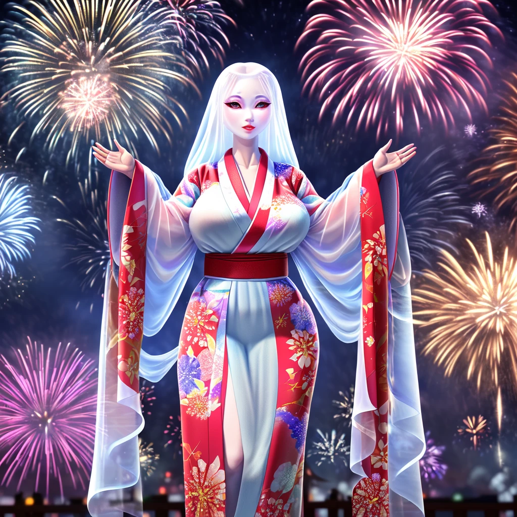 ((transparent feminine ghost with a perfect figure, beautiful breasts and hips, she is a very grown up sexy ghost woman and she is wearing a completely transparent kimono, she is standing at the fireworks festival)), ((in detail down to the smallest detail, ultra realistic 8k graphics, Best quality, masterpiece))