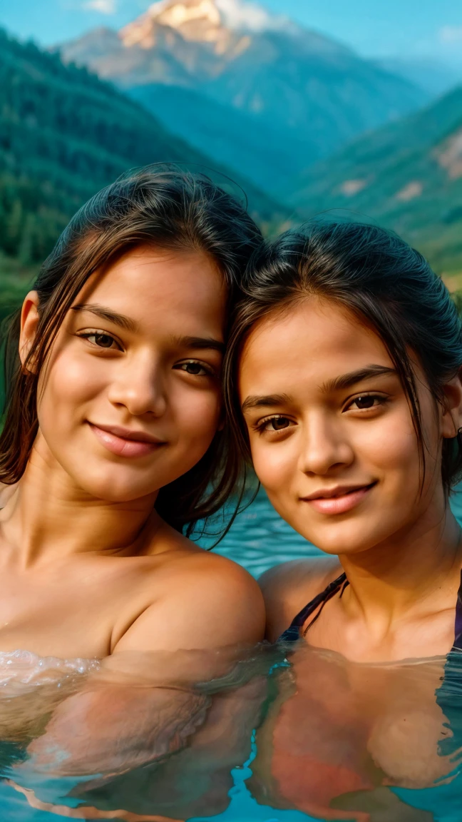 a beautiful detailed portrait of two sisters relaxing in an outdoor hot spring surrounded by a snowy landscape, steam rising from the hot water, sweat glistening on their skin, (best quality,4k,8k,highres,masterpiece:1.2),ultra-detailed,(realistic,photorealistic,photo-realistic:1.37),detailed facial features,extremely detailed eyes and face,longeyelashes,beautiful detailed lips,natural lighting,warm color tones,mist,atmospheric,serene,peaceful,tranquil,idyllic