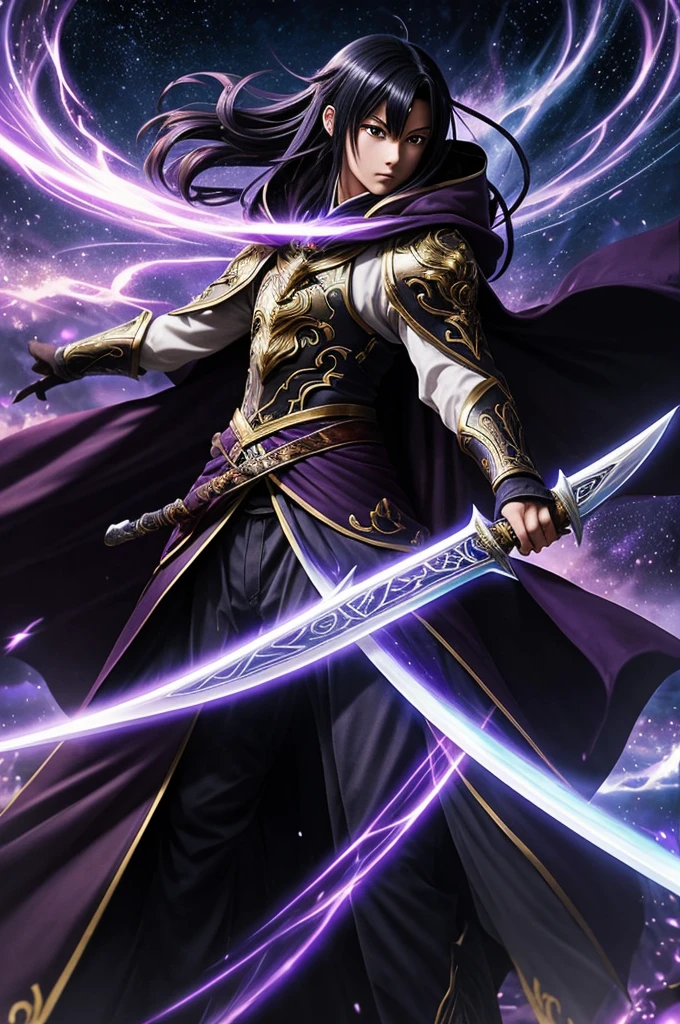 "A dark-haired anime character with intense purple eyes, wearing a dark, flowing cloak with gold accents, in an action pose. The background features a magical blue aura and intricate white designs. The character is ready for battle, holding a sword. The title 'Kuro No Kiseki' is prominently displayed in a fantasy-style font, with the name '@hxshi_the_writer' and 'written as the author. The overall style is dynamic and vibrant, reminiscent of high-fantasy anime covers."