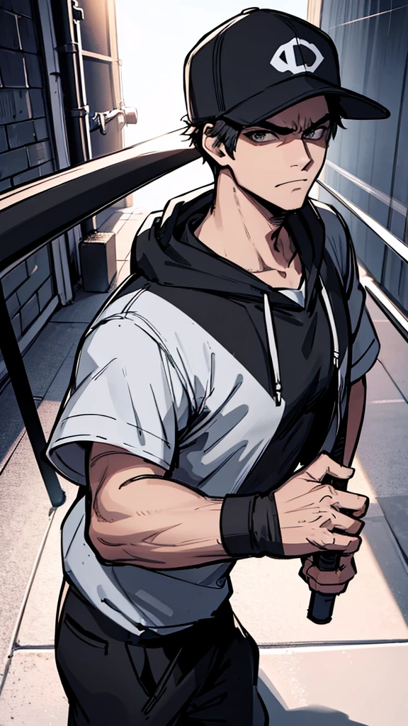 Holding a baseball bat, Alley, Condescending Gaze, builtupnecklinehoodie, look down, Glare, cinematic lighting, UHD, best quality, highres, 8k