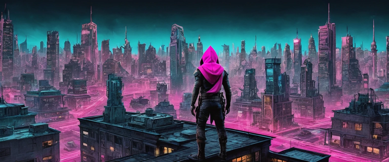 general shot, artistic effects, violet colors, black cyan:1.5,((best quality)), ((Masterpiece)),((Person Standing on Rooftop with his back to the camera wears hood:1:5)), at night:1.4, city with illuminated skyscrapers, landscape in the background, )), (very detailed body:1.3), 3D, beautiful (cyberpunk:1.3), ((with weapons in his hands) ), (((Futuristic style background Mad Max movie))), (((pink and cyan neon lights at night) )), night image, lighting of buildings and streets at night, 32K