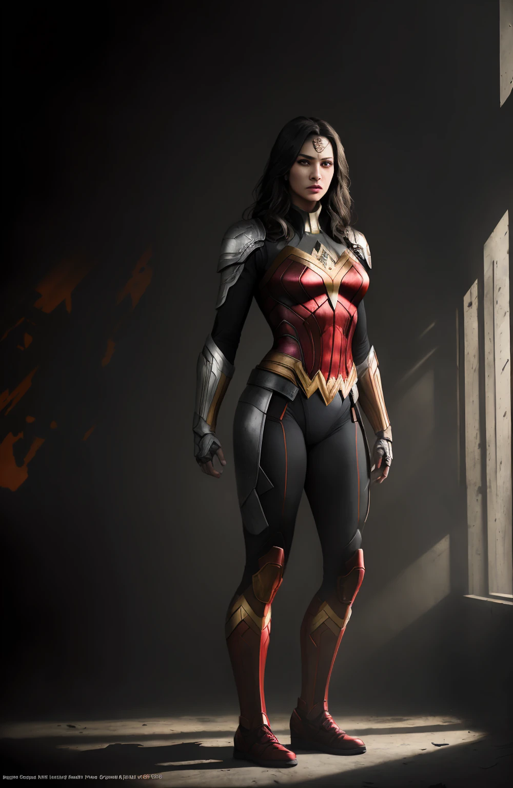 ((Full body photo, standing, on the ground)) (dark shot: 1.1), epic realistic, Wonder Woman Red Lantern from DC, yellow gradient, black, brown and magenta color scheme, grunge aesthetics!!! graffiti tag wall background, art by Greg Rutkowski and artgerm, soft cinematic light, Adobe Lightroom, darkroom, HDR, intricate, highly detailed, (depth of field: 1.4), faded, (neutral colors: 1.2), (hdr: 1.4), (muted colors: 1.2), hyper-detail (artstation: 1.4), cinematic, warm light, dramatic light (complex details: 1.1)