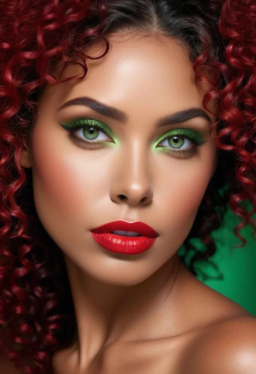 Woman wore red dress torn in flames. Completely Arafed woman with green eyes, eyes open and head held high. Confident pose, confident pose, beautiful young black woman with dark skin, Brazilian mixed race black woman, beautiful 30 year old Afro-Latina girl, beautiful African and Latin woman, Brazilian and Angolan descent, a black woman, mixing African and indigenous features, a unique mix of indigenous, African and European ebony. The hair is extremely curly, with well-defined and voluminous curls. The natural texture. Her hair is long, falling in voluminous waves around her shoulders and down her back. The hair has a lot of volume, creating a full, dense appearance. The hair is red, a shade of red. green eyes, eye is green, expressive green eyes, beautiful green eyes, realistic green eyes, detailed green eyes (eyeliner, long eyelashes). Perfect eyebrows and they are thick. the nose is small and proportional, beautiful face. Attractive and irresistible mouth, well-defined lips, full lips, voluminous lips, seductive lips. The face is oval, with high cheekbones and a well-defined chin, a beautiful and detailed face. Professional, dramatic makeup, a more impactful look with shadows that accentuate the captivating look, striking makeup, with eyeliner, black lipstick. Skin tone: Olive skin, healthy and even glow, with olive skin, dark skin, sexy girl with olive skin, detailed skin texture, beautiful and glowing skin, intricate details, smooth skin, healthy and radiant appearance. A woman has a well-defined and athletic body. Her silhouette is shapely, highlighting a thin waist in contrast to fuller hips and bust. She has a prominent bust, with large, firm breasts, silicone breasts, voluminous breasts. Thin waist. The hips are wide and well-defined, with a pronounced hourglass shape and a large butt. The legs are long and muscular, with well-defined thighs. 50 mm lens, f/2.8, hdr, (8K) RAW photo, high quality resolution 8K uhd, dslr, 2k, 4K, 8K, 16K.