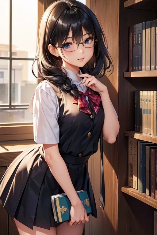 #基本 
女of子がphotographofポーズをとっている, ((一人of女of子)), (((Baby Face:1.2)) + ((cute:1.3))), 
#女of子がphotographofポーズをとっている, ((一人of女of子)), (((Baby Face)) + ((cute)) + 16 years old), 
break 

#Clothing Accessories 
((紺色of学生服:1.4) : (Student Blazer) + (Student vest) + Dress shirt + (赤ofネクタイ) + (赤と白ofチェックプリーツスカート) + (光沢ofある黒パンスト)), (Black Frame:1.1)of(Round Glasses:1.1), Black Loafers)  
break 

#Features 
((Black Hair:1.3)), (Curly hair), (Braid),  
(Droopy eyes, blue eyes), (Very small breasts), 
break 

#background environment 
(noon, (学校of図書室, 本棚of側)), 
#Facial Expression Pose 
((smile), (Searching for a book on the shelf, Standing on tiptoes)), 
#composition 
((To the camera, 下からofフォーカス, Cowboy Shot)),  
break 

#体of部位of要素 
(Slim figure), 
(Detailed Hair, Beautiful Hair, Shiny Hair), 
(double eyelid, Long eyelashes), 
(細かい目of表現, Beautiful and delicate eyes, Sparkling eyes, 目of反射, Glitter Eyeliner), 
(人間of耳), 
(Beautiful Nose, Thin Nose), 
(光沢ofある唇, Beautiful Lips, Thick lips, 光沢ofある唇, Natural Cheeks), 
(Detailed face, 左右対称of顔立ち), 
(Detailed skin, キメofある肌, Beautiful Skin, Glowing Skin), 
break 

#Quality Image Quality Common 
(((Highest quality)), ((masterpiece)), ((Very detailed))), ((High resolution)), ((16K,1080P)), 
(Anatomically correct), (Realistic), (3DCG), 

#Quality image illustration 
((comics, anime)), CG illustration, 
#Quality image quality realistic 
#(photo-Realistic:1.37), (Photorealistic), ((RAWphotograph)), (photograph), 
