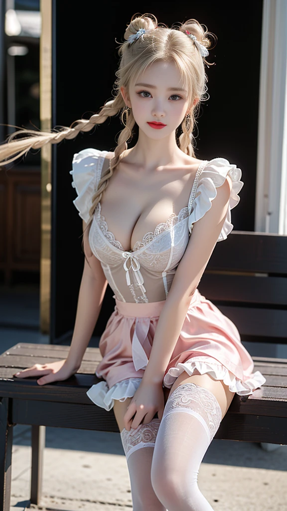 dress,white thighhighs,
twin braids, ((knee shot)), ((Shoot at random angles)), ((Visible cleavage)), ((E-cup)), ((I-type Valley)), ((Warm colors)), Galaxy Background, Long-range shooting, A beautiful woman，Elegant posture，Standing，Slender figure。Her legs are slender and straight，Cross placement，Forming a perfect diagonal composition。Head gently sideways，Long blond hair falls naturally，Gently brushing her shoulders。Soft colors，In stark contrast to her fair skin。The edge of the skirt ripples gently，As if swaying in the breeze。Her eyes were gentle，There is a faint smile on the lips。The whole picture looks very harmonious and beautiful