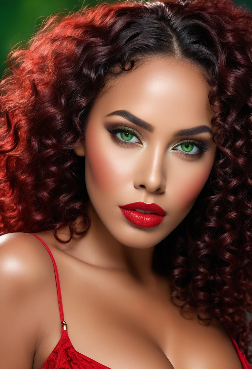 Woman wore red dress torn in flames. Completely Arafed woman with green eyes, eyes open and head held high. Confident pose, confident pose, beautiful young black woman with dark skin, Brazilian mixed race black woman, beautiful 30 year old Afro-Latina girl, beautiful African and Latin woman, Brazilian and Angolan descent, a black woman, mixing African and indigenous features, a unique mix of indigenous, African and European ebony. The hair is extremely curly, with well-defined and voluminous curls. The natural texture. Her hair is long, falling in voluminous waves around her shoulders and down her back. The hair has a lot of volume, creating a full, dense appearance. The hair is red, a shade of red. green eyes, eye is green, expressive green eyes, beautiful green eyes, realistic green eyes, detailed green eyes (eyeliner, long eyelashes). Perfect eyebrows and they are thick. the nose is small and proportional, beautiful face. Attractive and irresistible mouth, well-defined lips, full lips, voluminous lips, seductive lips. The face is oval, with high cheekbones and a well-defined chin, a beautiful and detailed face. Professional, dramatic makeup, a more impactful look with shadows that accentuate the captivating look, striking makeup, with eyeliner, black lipstick. Skin tone: Olive skin, healthy and even glow, with olive skin, dark skin, sexy girl with olive skin, detailed skin texture, beautiful and glowing skin, intricate details, smooth skin, healthy and radiant appearance. A woman has a well-defined and athletic body. Her silhouette is shapely, highlighting a thin waist in contrast to fuller hips and bust. She has a prominent bust, with large, firm breasts, silicone breasts, voluminous breasts. Thin waist. The hips are wide and well-defined, with a pronounced hourglass shape and a large butt. The legs are long and muscular, with well-defined thighs. 50 mm lens, f/2.8, hdr, (8K) RAW photo, high quality resolution 8K uhd, dslr, 2k, 4K, 8K, 16K.
