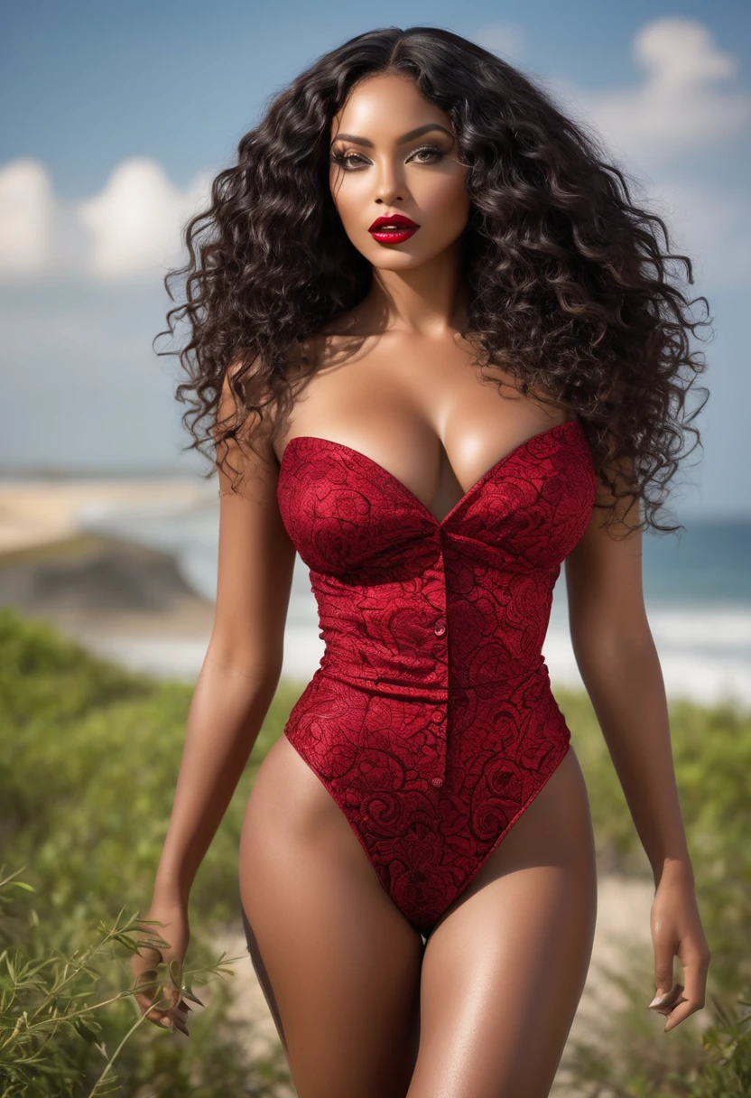 Woman wore red dress torn in flames. Completely Arafed woman with green eyes, eyes open and head held high. Confident pose, confident pose, beautiful young black woman with dark skin, Brazilian mixed race black woman, beautiful 30 year old Afro-Latina girl, beautiful African and Latin woman, Brazilian and Angolan descent, a black woman, mixing African and indigenous features, a unique mix of indigenous, African and European ebony. The hair is extremely curly, with well-defined and voluminous curls. The natural texture. Her hair is long, falling in voluminous waves around her shoulders and down her back. The hair has a lot of volume, creating a full, dense appearance. The hair is red, a shade of red. green eyes, eye is green, expressive green eyes, beautiful green eyes, realistic green eyes, detailed green eyes (eyeliner, long eyelashes). Perfect eyebrows and they are thick. the nose is small and proportional, beautiful face. Attractive and irresistible mouth, well-defined lips, full lips, voluminous lips, seductive lips. The face is oval, with high cheekbones and a well-defined chin, a beautiful and detailed face. Professional, dramatic makeup, a more impactful look with shadows that accentuate the captivating look, striking makeup, with eyeliner, black lipstick. Skin tone: Olive skin, healthy and even glow, with olive skin, dark skin, sexy girl with olive skin, detailed skin texture, beautiful and glowing skin, intricate details, smooth skin, healthy and radiant appearance. A woman has a well-defined and athletic body. Her silhouette is shapely, highlighting a thin waist in contrast to fuller hips and bust. She has a prominent bust, with large, firm breasts, silicone breasts, voluminous breasts. Thin waist. The hips are wide and well-defined, with a pronounced hourglass shape and a large butt. The legs are long and muscular, with well-defined thighs. 50 mm lens, f/2.8, hdr, (8K) RAW photo, high quality resolution 8K uhd, dslr, 2k, 4K, 8K, 16K.