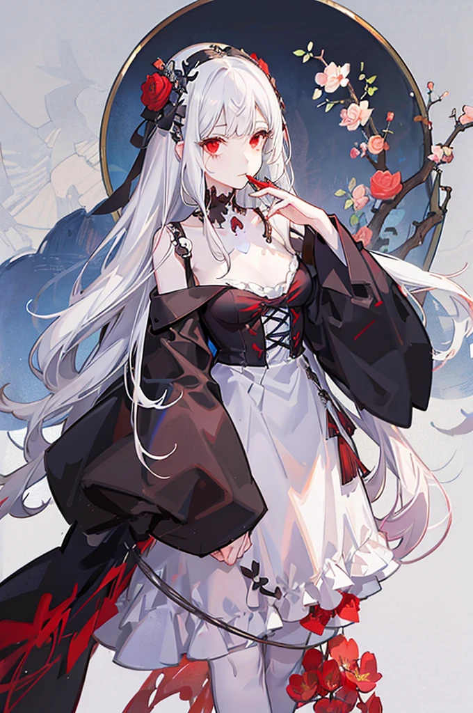 Anime girl, white hair, ((white skeleton)), red flower, illustration, 25 year old, bone, skull, ((bust-up)), red eyes, black and red dress, luxurious,