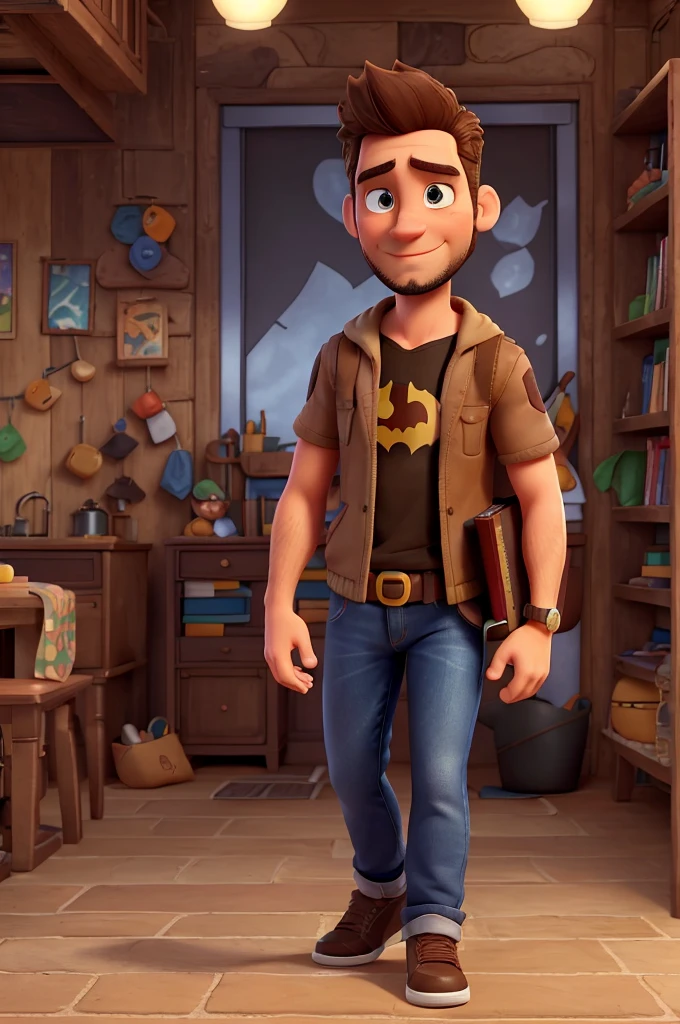 White man, 38 years old, Brazilian, face with striking features, short and spiky brown hair that slightly falls on the forehead, brown eyes, irregular brown beard, a slight smile, Batman cosplay without mask, jeans, old school black sneakers, walking with a book in hand. hand, pixar disney style 3d movie poster