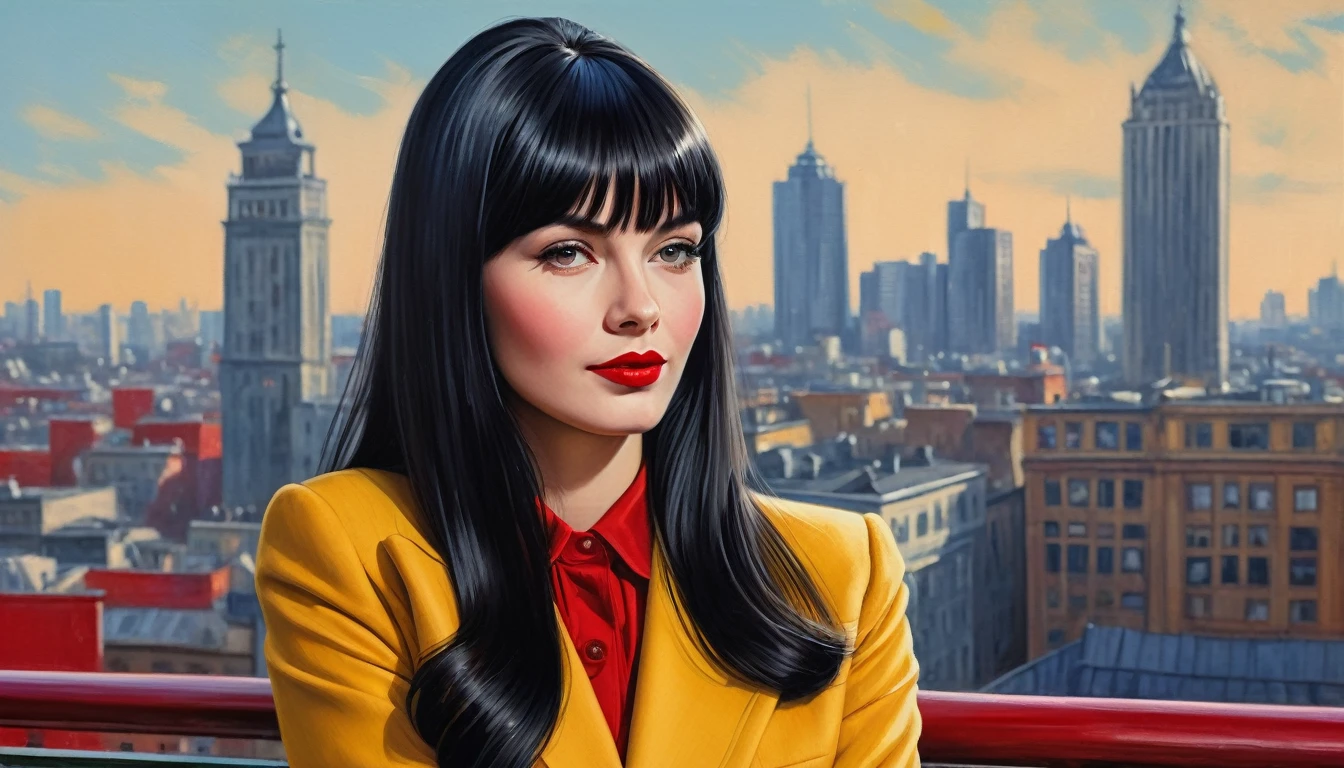 High-quality realistic acrylic art, vivid colors, lateral point of view, a beautiful vintage european woman with long black straight hair, bangs, looking at the viewer with suspicious face and a shy smile, red lips, she wears vintage suit, tight gloves, big city background